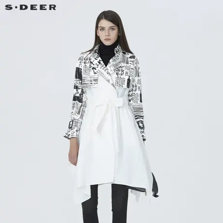 sdeer圣迪奥春秋休闲翻领字母印花收腰白色中长款风衣S19381866图片
