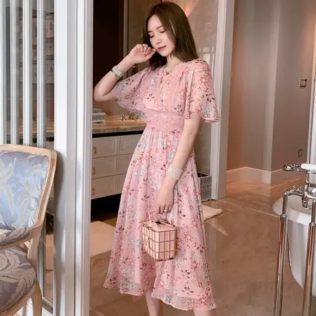 夏季过膝中长款连衣裙仙女显瘦超仙收腰甜美韩版高腰V领森系裙子图片