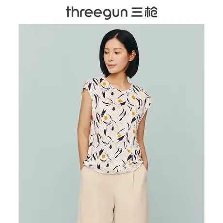 三枪纯棉短袖女2022夏季新品碎花女士内衣中老年妈妈汗衫大码宽松图片