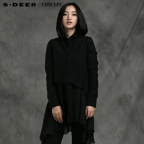 sdeer圣迪奥专柜正品女装裁剪设计毛呢雪纺拼接长衬衫S14480546图片