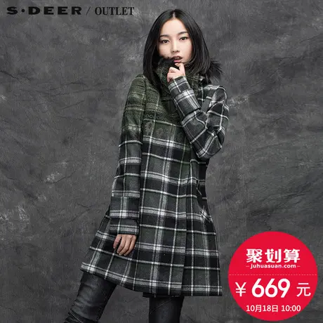 s.deer圣迪奥女装学院风立领连帽格纹羊毛呢大衣S15481830图片