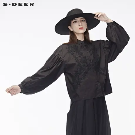 sdeer圣迪奥复古刺绣花卉图案装饰收褶造型袖口翻领上衣S18480573图片