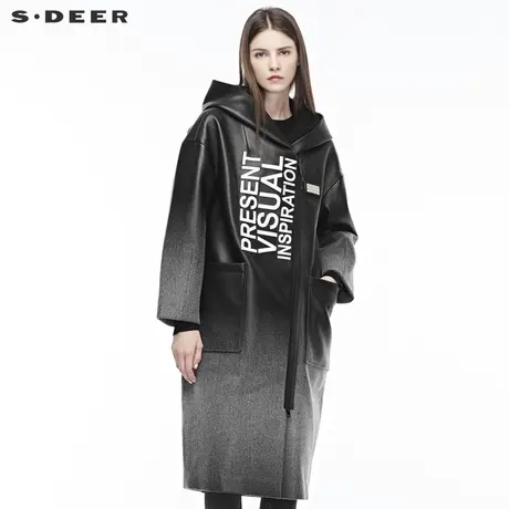 sdeer圣迪奥女装皮革质感撞色刺绣字母口袋连帽长外套S18481805图片