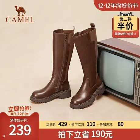 骆驼女鞋2022冬季新款简约显瘦显腿长时装靴侧拉便利防滑高筒靴女图片