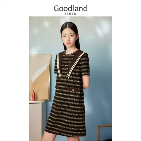 Goodland美地女装2023夏季气质字母减龄海军领h型针织连衣裙图片