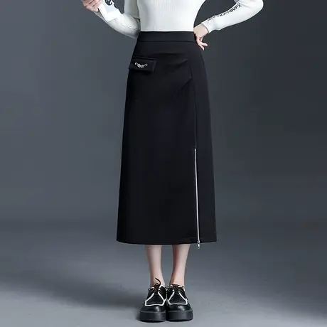直筒裙女秋季2023新款设计感拉链开叉一步裙显瘦高腰包臀中长裙子图片