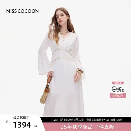 MISSCOCOON可可尼喇叭袖白色连衣裙女2025秋季新款波西米亚风长裙图片