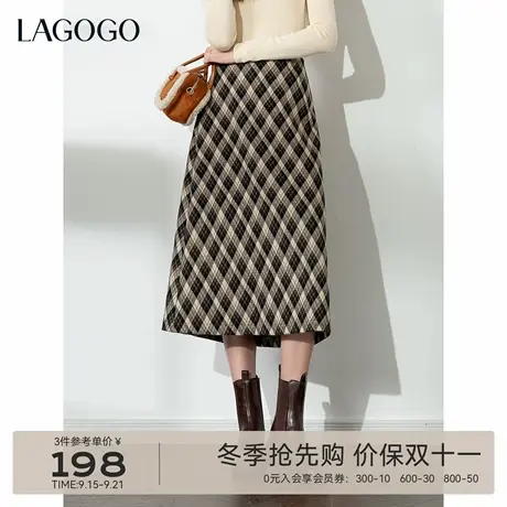LAGOGO英伦风复古半身裙女拉谷谷2025年冬季新款百搭通勤格纹裙子图片