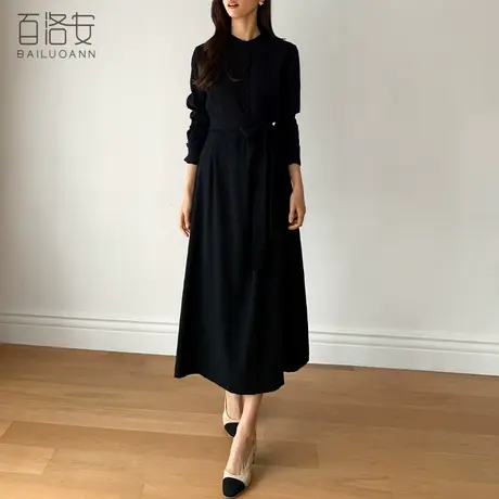 百洛安优雅知性通勤连衣裙女春新款时髦立领长袖高腰系带a字长裙图片