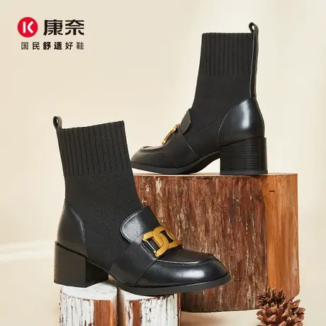 康奈女鞋时尚都市冬季新款时尚牛皮舒适圆头套筒方跟通勤弹力靴商品大图