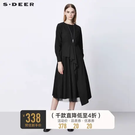 sdeer圣迪奥女装复古圆领风琴褶拼接不规则网纱连衣裙S21461203图片