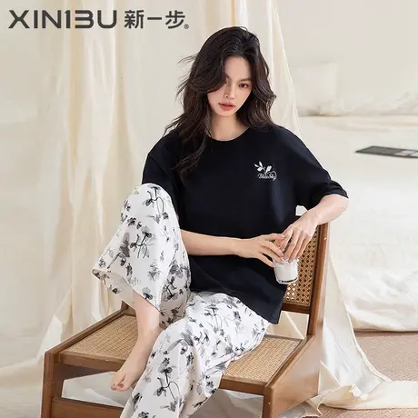 新一步纯棉印花睡衣2025新款加大码短袖长裤夏季家居服女款套装图片