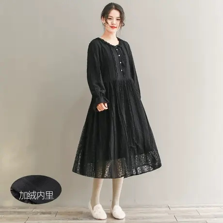 胖妹妹秋冬新品加绒内里复古蕾丝连衣裙 大码微胖宽松加厚蕾丝裙图片