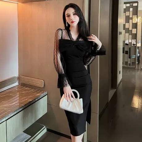 网纱镂空喇叭袖露背开叉小黑裙女装气质修身性感中长款包臀连衣裙图片