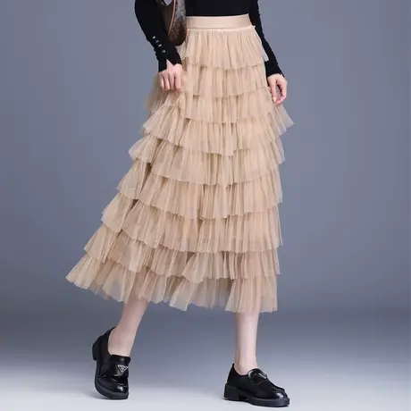 黑色蛋糕裙女小个子半身裙2024春夏新款a字裙中长款网纱裙蓬蓬裙图片
