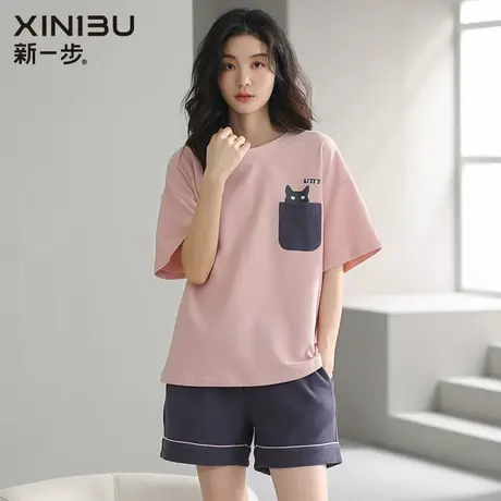 新一步2024年新款睡衣女夏季薄款短袖短裤可外穿华夫格纯棉家居服图片