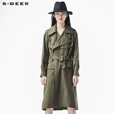 sdeer圣迪奥2019春装休闲军绿金属铆钉系带长款风衣外套S17381835图片