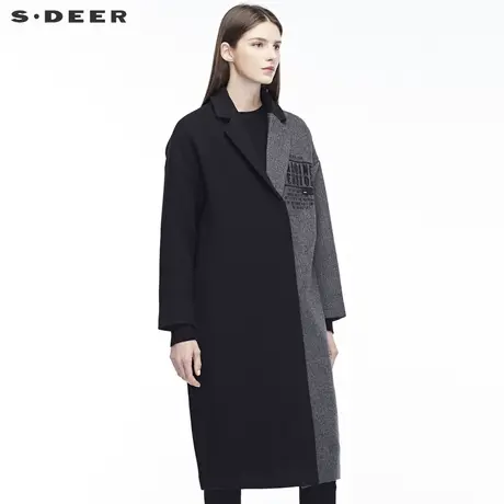 sdeer圣迪奥冬装立体刺绣字母千鸟格对称拼接毛呢大衣女S18481883图片