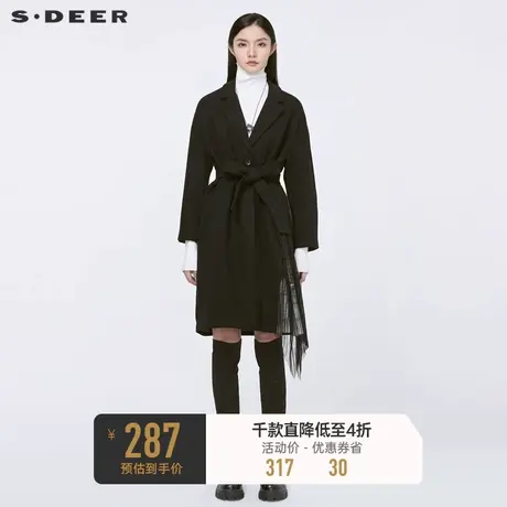 sdeer圣迪奥冬季平驳领收腰网纱印花拼接毛呢大衣女S20481824图片
