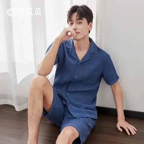 【轻柔双层纱】顶瓜瓜纱布睡衣男纯棉2022新款男士短袖短裤家居服图片