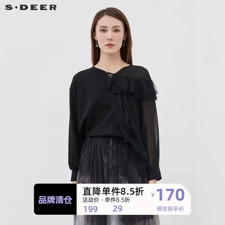 sdeer圣迪奥女装V领蕾丝网纱拼接不规则长袖T恤S221Z0229商品大图