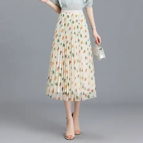 爱心印花网纱裙女夏季小众时尚百褶半身裙2023新款显瘦中长a字裙图片