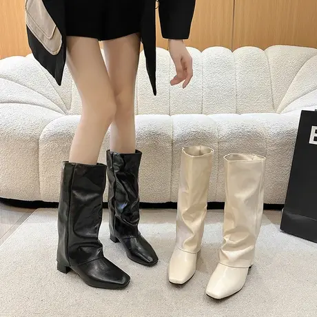 永希粗跟裤管靴女2023年新款秋季高跟方头辣妹高筒靴时尚炸街长靴商品大图