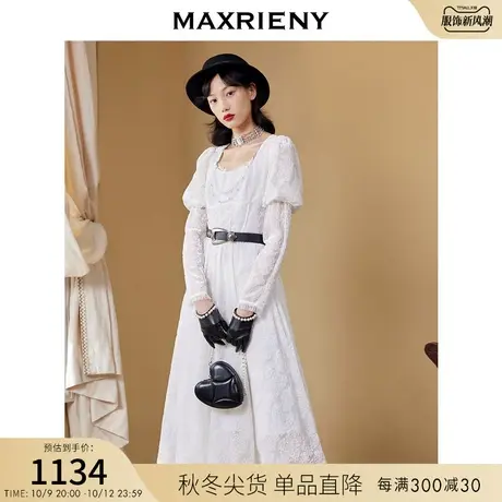 MAXRIENY宫廷舞会茶歇裙2023秋方领公主蕾丝连衣裙图片