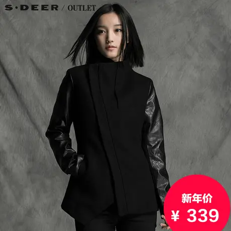 sdeer圣迪奥2017秋装PU拼接黑色修身A字毛呢大衣外套S15381747图片