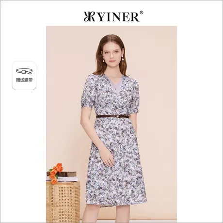 YINER音儿专选女装夏季复古V领碎花修身连衣裙配腰带图片