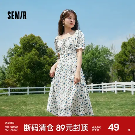 森马连衣裙女肌理雪纺碎花裙浪漫夏季方领绑带茶歇裙法式新款2023图片