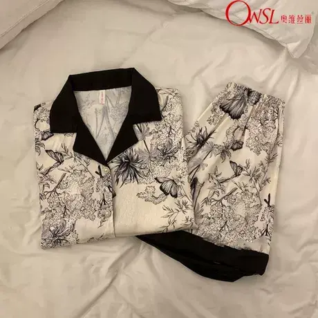 韩版睡衣女夏季短袖水墨可外穿网红风冰丝薄款家居服图片