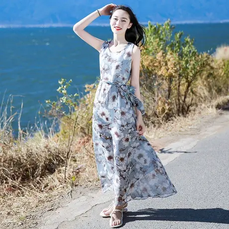 夏季系带无袖超仙雪纺连衣裙气质长裙沙滩裙女泰国普吉岛海边度假图片