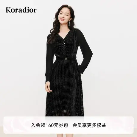 koradior珂莱蒂尔2025年春季新款气质优雅V领收腰长袖连衣裙女图片