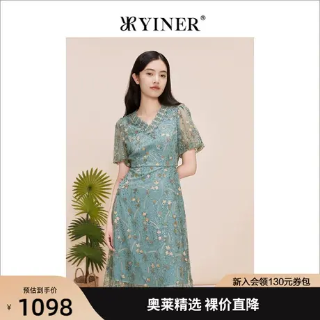 YINER音儿女装2023夏季新款法式V领质感绣花A字型连衣裙图片