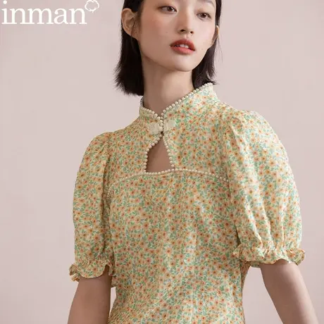 茵曼新中式女装改良旗袍连衣裙女2023年夏天新款泡泡袖短裙短款图片
