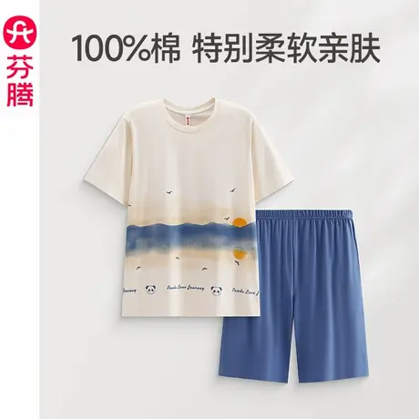 芬腾纯棉睡衣男夏季薄款短袖短裤青年男款大码休闲夏天家居服套装图片