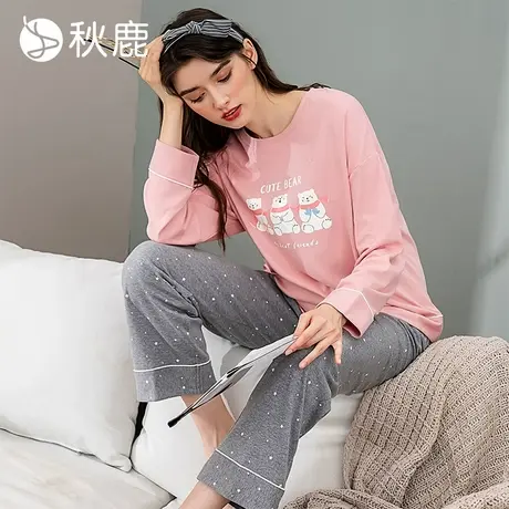 秋鹿【清仓仅剩加大码】纯棉睡衣女春秋长袖长裤可爱小熊圆领柔软图片