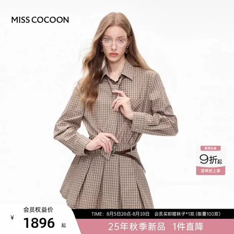 MISSCOCOON可可尼格子长袖连衣裙女2025秋季新款收腰系带纯棉裙子图片