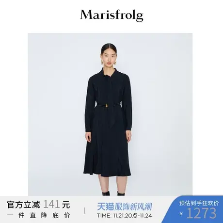 玛丝菲尔连衣裙秋冬季女款黑色长袖中长款裙子图片
