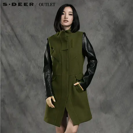 s.deer圣迪奥女装军绿工装修身冬款毛呢大衣外套S14481833图片