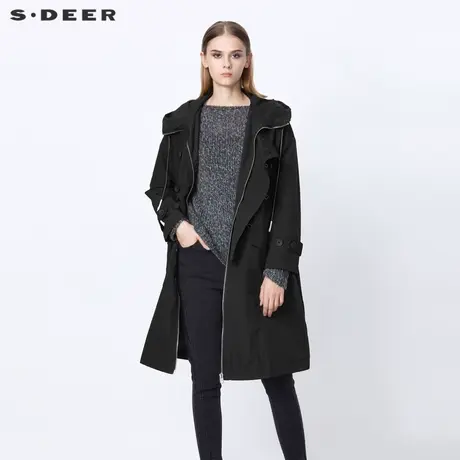 sdeer圣迪奥春装时尚高领连帽斜襟拼接长款风衣S21381817图片