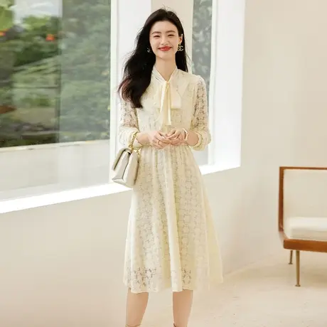 时尚气质甜美蕾丝连衣裙2022年冬季新款淑女温柔显瘦中长款裙子图片