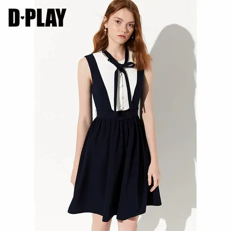 DPLAY夏新品欧美黑白拼色系带领单排扣连衣裙图片