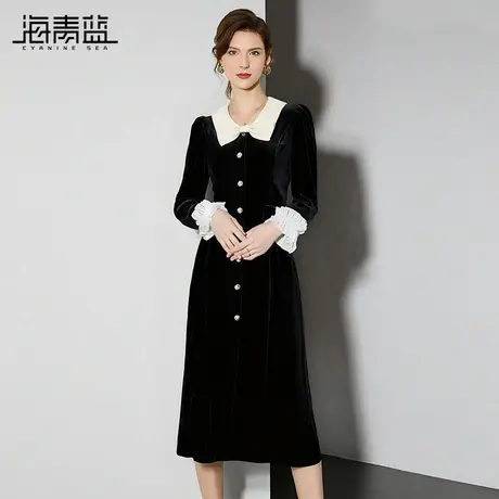 海青蓝 秋季连衣裙2025年新款设计感小众撞色女装中长款高级裙子图片