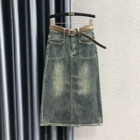 欧货复古口袋设计感牛仔半身裙女23秋季新款高腰显瘦中长款包臀裙图片
