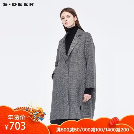 sdeer圣迪奥流畅剪裁复古格纹面料前短后长平驳领大衣S18461871图片