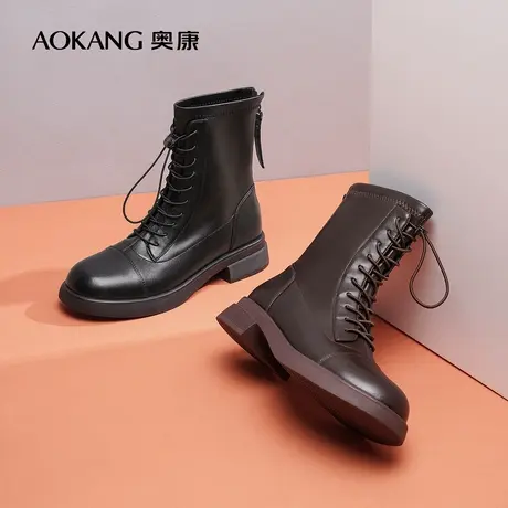 【门店发货】奥康女鞋冬季新款透气真皮系带马丁中筒靴街头英伦风商品大图