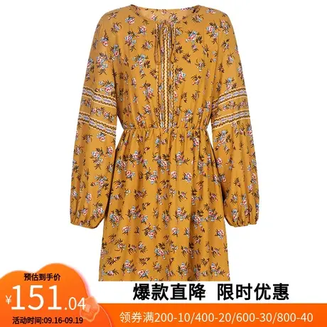 【艾格】2023春季新款印花连衣裙女圆领系带收腰长袖中长裙子图片