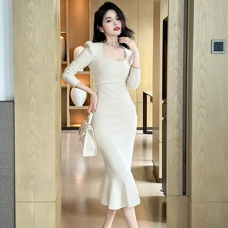 气质女神范长袖连衣裙早秋新款女装通勤复古中长款收腰包臀鱼尾裙图片